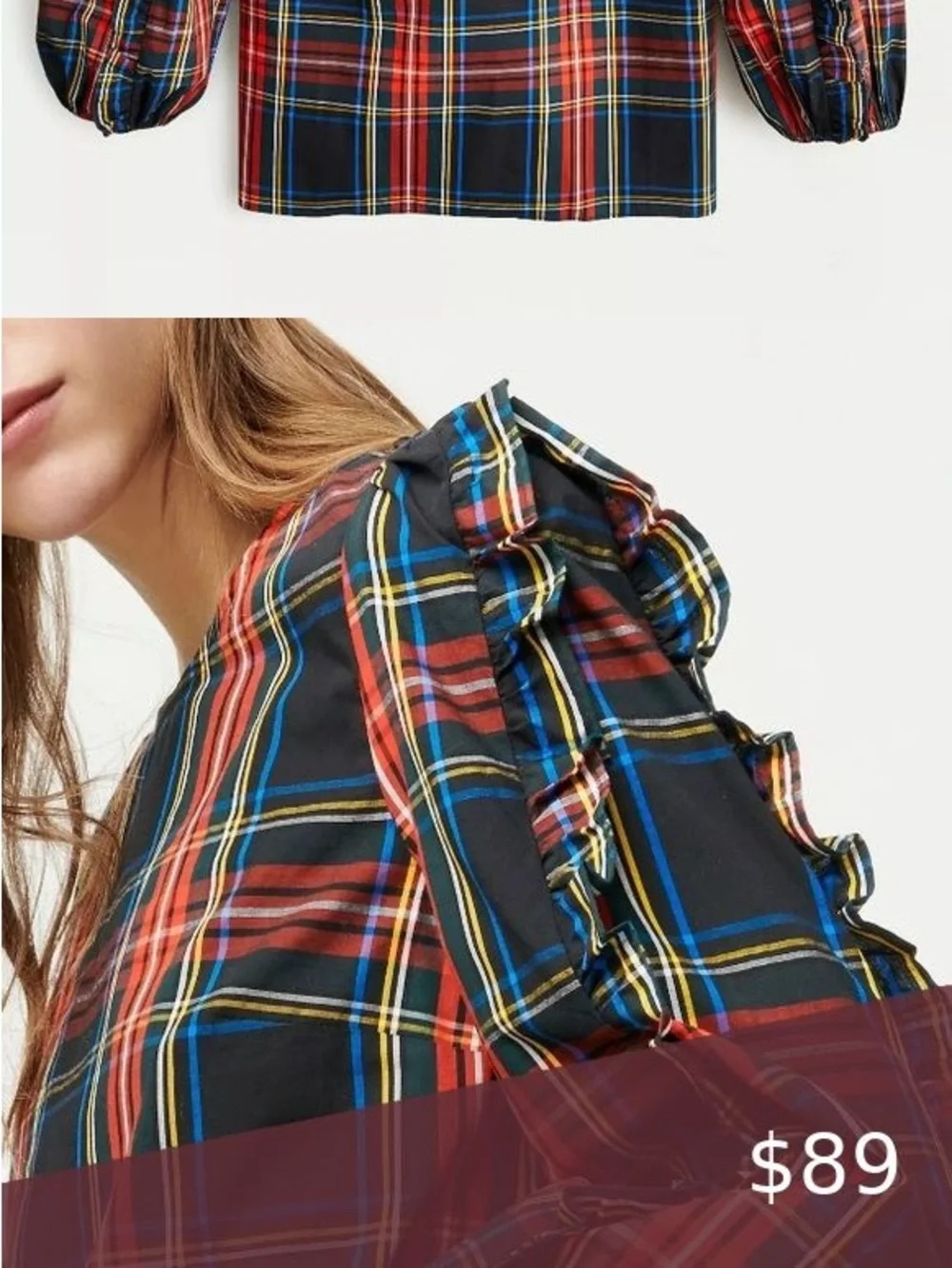 J. Crew Navy and Red Plaid Ruffle-Sleeve Blouse